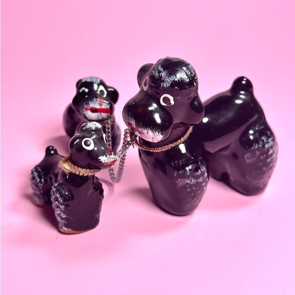 Vintage Dog Figurines, Family, Ceramic, Chained, Poodles, Mid Century Modern
